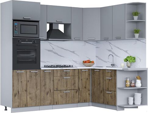 Готовая кухня Интерлиния Мила Лайт 1.68x2.4 правая (серебро/дуб веллингтон/белый гранит)