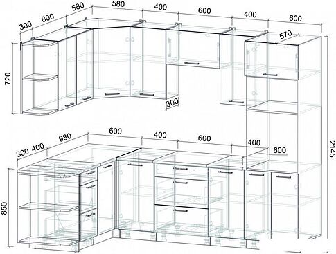 Готовая кухня Интерлиния Мила Лайт 1.68x2.6 правая (белый платинум/белый платинум/дуб бунратти)