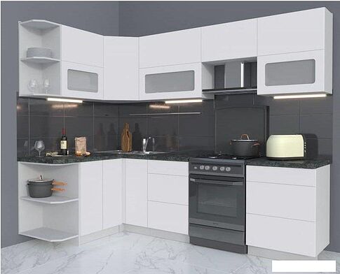 Готовая кухня Интерлиния Мила Матте 1.5x2.6 Б правая (белый-белый-кастилло темный)