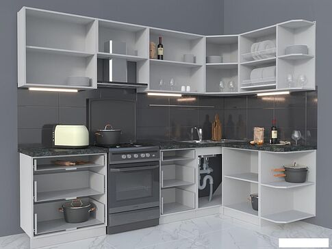 Готовая кухня Интерлиния Мила Матте 1.5x2.7 Б правая (луна-луна-травертин серый)