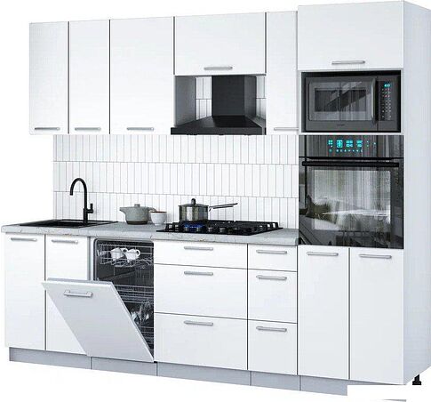 Готовая кухня Интерлиния Мила Gloss 2.55-ПМ3 (белый/белый/серый каспий)