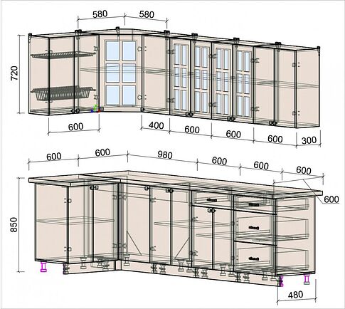 Готовая кухня Интерлиния Мила Деко 1.2x2.8 (керамика/белый/опал светлый)