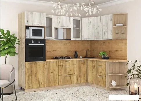 Готовая кухня Интерлиния Мила 1.68x2.6 правая (дуб белый/дуб золотой/дуб бунратти)