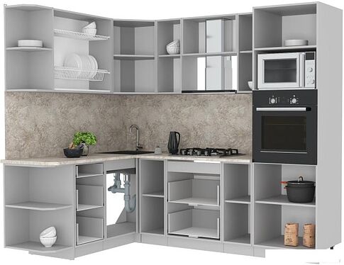 Готовая кухня Интерлиния Мила Лайт 1.68x2.4 левая (белый платинум/бетон/бискайская сосна)