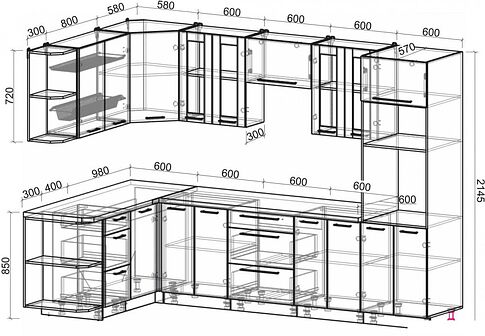 Готовая кухня Интерлиния Мила Пластик 1.68x3.0 PR (туманный глянец/черный глянец/дуб бунратти)