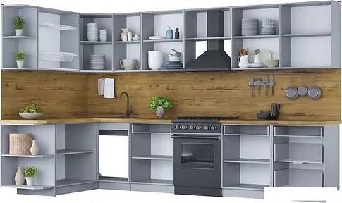 Готовая кухня Интерлиния Мила Шато 1.7x3.4 левая (слоновая кость/пепел/травертин серый)