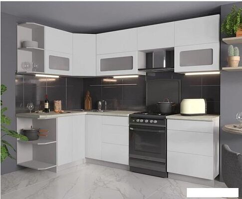 Готовая кухня Интерлиния Мила Матте 1.5x2.6 Б левая (белый-белый-опал светлый)