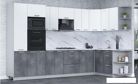 Готовая кухня Интерлиния Мила Лайт 1.68x3.4 правая (белый платинум/бетон портленд/белый гранит)