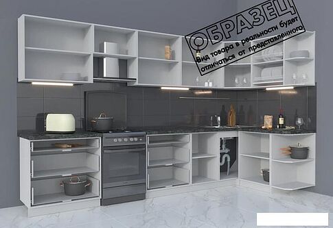 Готовая кухня Интерлиния Мила Матте 1.5x3.5 Б правая (слоновая кость/мята/травертин серый)