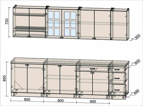 Кухня Интерлиния Мила Деко 2.8 Б (белый/луна/травертин серый)