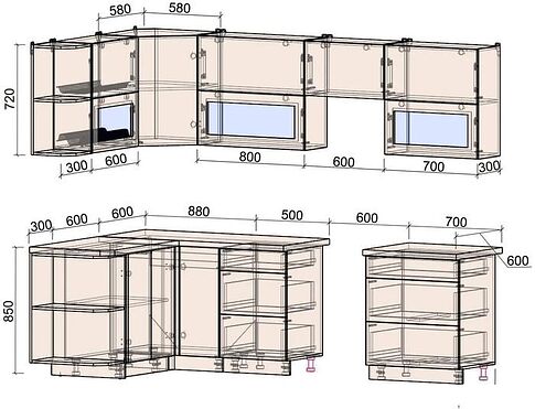 Готовая кухня Интерлиния Мила Матте 1.5x2.7 Б левая (слоновая кость/пепел/травертин серый)