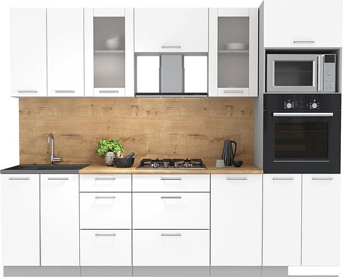 Готовая кухня Интерлиния Мила 2.6 ВТ (белый платинум/белый платинум/дуб бунратти)