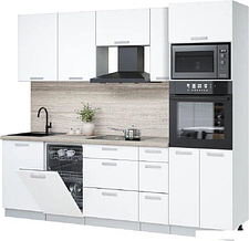 Готовая кухня Интерлиния Мила Лайт 2.45-ПМ3 (белый платинум/белый платинум/травертин серый)