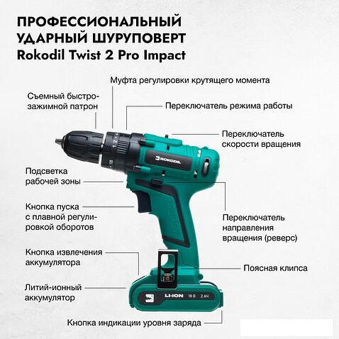 Ударная дрель-шуруповерт Rokodil Twist 2 Pro Impact 1045942 (с 1-им АКБ, кейс)