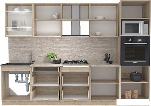 Готовая кухня Интерлиния Мила 3.0 ВТ (белый платинум/белый платинум/дуб бунратти)