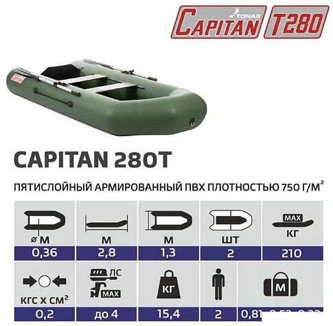 Моторно-гребная лодка Тонар Капитан 280Т (зеленый)