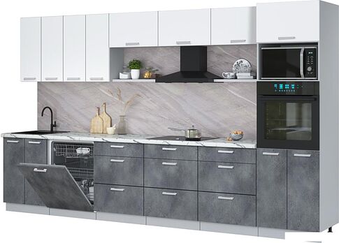 Готовая кухня Интерлиния Мила Лайт 3.6-ПМ1-2 (белый платинум/бетон портленд/белый гранит)