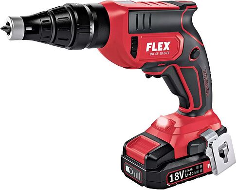 Шуруповерт для гипсокартона FLEX DW 45 18.0-EC M/2.5 Set 466824 (с 2-мя АКБ 2.5 Ач, кейс, насадка автоподачи)