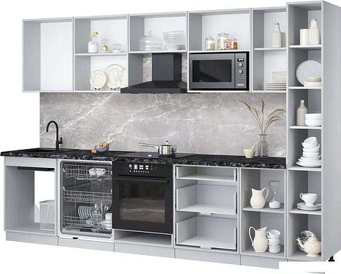 Готовая кухня Интерлиния Мила Лайт 3.1-ПМ2 (серебро/бетон/травертин серый)