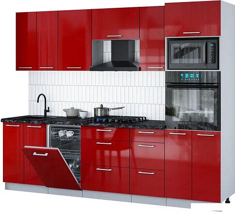 Готовая кухня Интерлиния Мила Gloss 2.65-ПМ3 (красный глянец/красный глянец/кастилло темный)