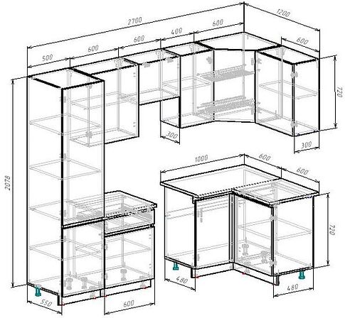 Готовая кухня ВерсоМебель Эко-8 1.2x2.7 правая (белый фасадный/черный/ст.мрамор итальянский)