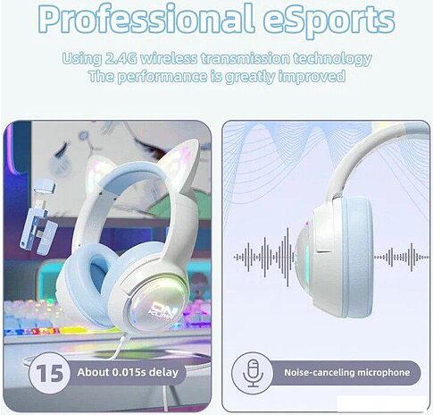 Наушники Onikuma GT838 Cat Ear (белый/голубой)