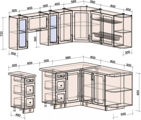 Готовая кухня Интерлиния Тренд 1.7x2.2 правая (пепел/пепел/опал светлый)