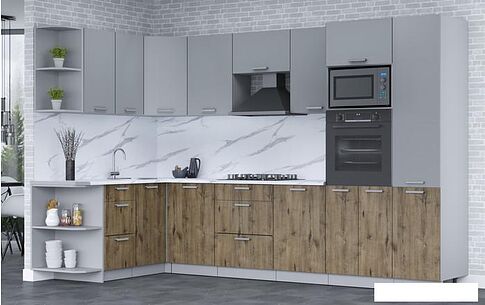 Готовая кухня Интерлиния Мила Лайт 1.68x3.2 левая (серебро/дуб веллингтон/белый гранит)