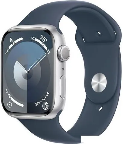Умные часы Apple Watch Series 9 45 мм (алюминиевый корпус, серебристый/грозовой синий, спортивный силиконовый ремешок M/L)