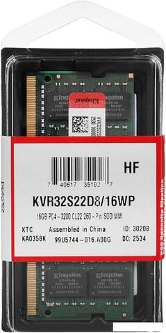 Оперативная память Kingston 16GB DDR4 SODIMM PC4-25600 KVR32S22D8/16WP