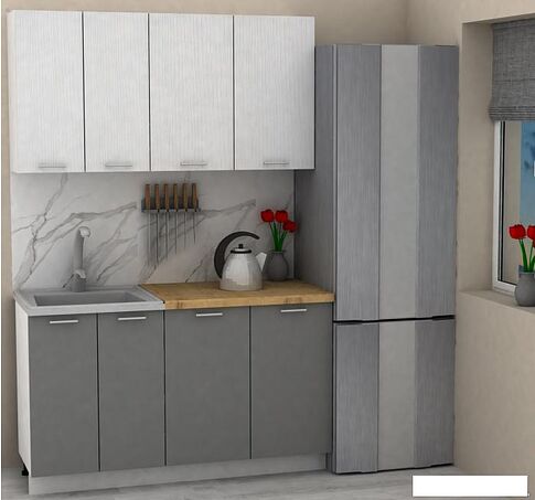 Готовая кухня ЭлиГард Lion 1.4 (белый структурный/дымчатый алмаз/дуб бунратти)