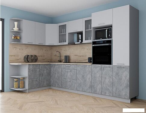 Готовая кухня Интерлиния Мила Gloss 1.68x3.2 левая (пепел софт/керамика/травертин серый)