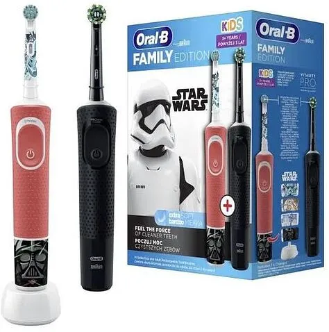 Комплект зубных щеток Oral-B Vitality Pro Cross Action + Vitality D100 Kids Star Wars (2 шт, черный/красный)