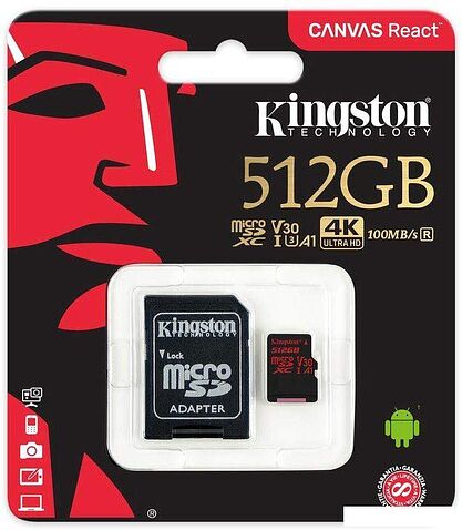 Карта памяти Kingston Canvas React SDCR/512GB microSDXC 512GB + адаптер