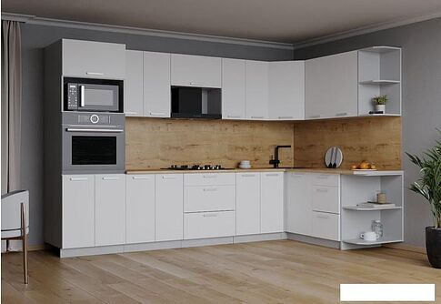 Готовая кухня Интерлиния Мила Лайт 1.68x3.0 правая (белый платинум/белый платинум/дуб бунратти)