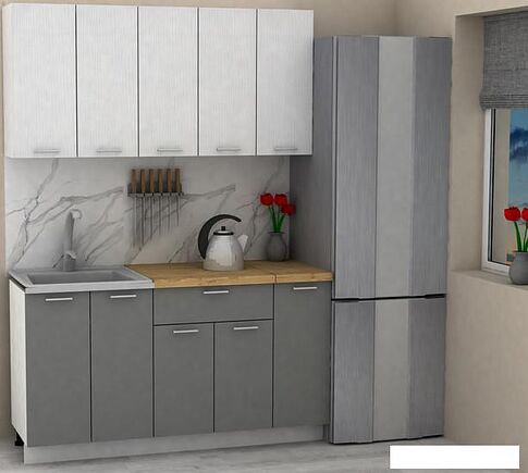 Готовая кухня ЭлиГард Lion 1.5 (белый структурный/дымчатый алмаз/дуб бунратти)