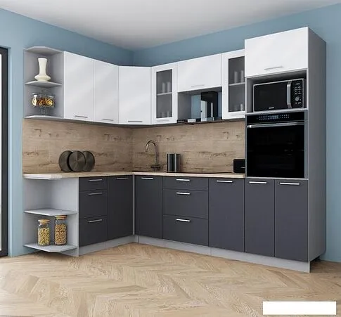 Готовая кухня Интерлиния Мила Gloss 1.68x2.6 правая (белый глянец/графит софт/травертин серый)