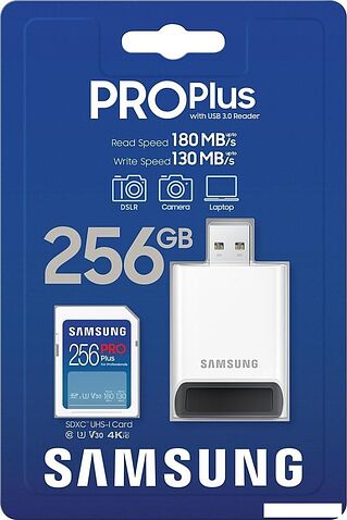Карта памяти Samsung PRO Plus 2023 SDXC 256GB (с кардридером)