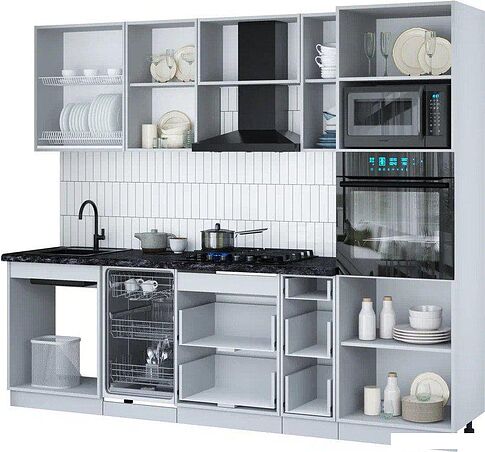 Готовая кухня Интерлиния Мила Gloss 2.55-ПМ3 (белый/белый/серый каспий)