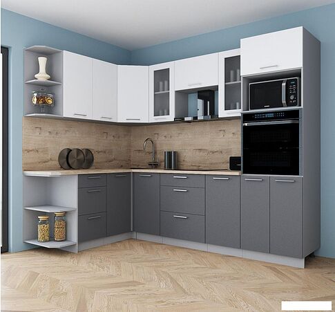 Готовая кухня Интерлиния Мила Gloss 1.68x2.6 левая (белый софт/серый софт/травертин серый)