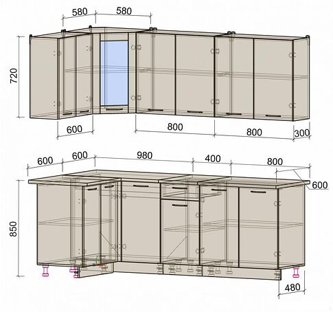 Готовая кухня Интерлиния Мила 12x22 (серебро/дуб веллингтон/белый гранит)