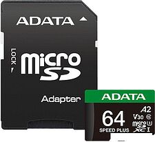 Карта памяти ADATA SPEED PLUS microSDXC 64GB UD64GUI3V30A2SP-RA1 (с адаптером)
