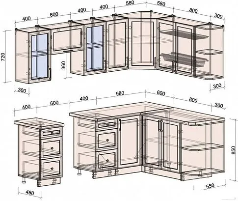 Готовая кухня Интерлиния Тренд 1.7x2.4 правая (луна/луна/бискайская сосна)