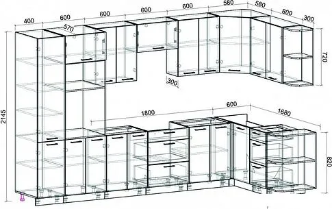 Готовая кухня Интерлиния Мила Лайт 1.68x3.4 правая без столешницы (белый платинум/дуб серый)