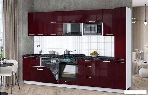 Готовая кухня Интерлиния Мила Gloss 3.1-ПМ2 (бордовый глянец/бордовый глянец/кастилло темный)