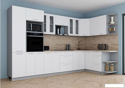Готовая кухня Интерлиния Мила Gloss 1.68x3.4 правая (белый софт/белый софт/травертин серый)