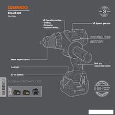 Ударная дрель-шуруповерт Daewoo Power DAA 6521Li Set (с 2-мя АКБ, кейс) Ударная дрель-шуруповерт Daewoo Power DAA 6521Li Set (с 2-мя АКБ, кейс)