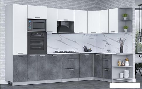 Готовая кухня Интерлиния Мила Лайт 1.68x3.2 правая (белый платинум/бетон портленд/белый гранит)