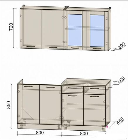 Готовая кухня Интерлиния Мила 16 (дуб веллингтон/дуб веллингтон/травертин серый)