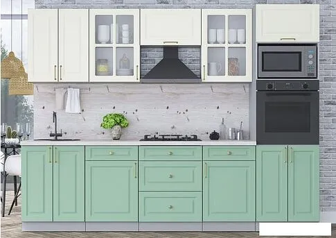 Готовая кухня Интерлиния Мила Шато 2.8В (белый/мята/бискайская сосна)